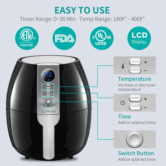 ULTREAN 4L Air Fryer Electric Hot fryer Oil-free Auto Household Kitchen 360°Baking Convection Oven Deep Fryer with Touch Control