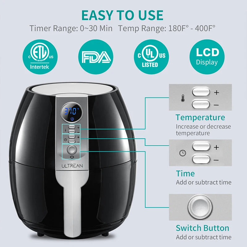 ULTREAN 4L Air Fryer Electric Hot fryer Oil-free Auto Household Kitchen 360°Baking Convection Oven Deep Fryer with Touch Control